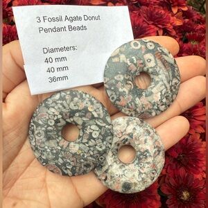 3 fossil agate donut beads